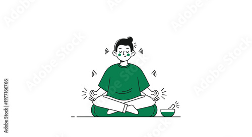 Meditating person wearing face mask, yoga and wellness vector icon, green and white color scheme, mindfulness and self-care concept