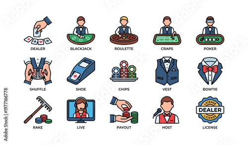 Casino game icons: dealer, blackjack, roulette, poker, and more
