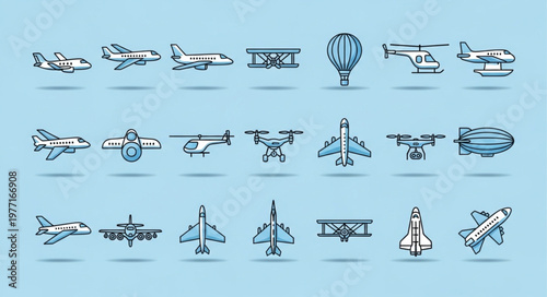 Collection of various aircraft and flying vehicles icons.