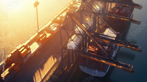 Large container ship docked at a commercial port while massive gantry cranes are loading and unloading cargo containers during a bright sunset, symbolizing global logistics and international trade