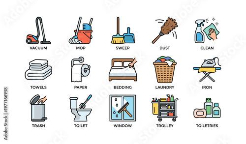 Home cleaning and maintenance icons: vacuum, mop, sweep, dust, clean