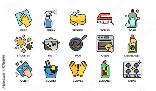 Cleaning supplies illustration: gloves, sponge, spray, soap, scrub brush