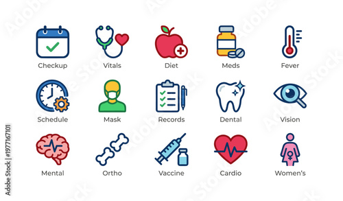 Medical icons collection including checkup, vitals, diet, and dental