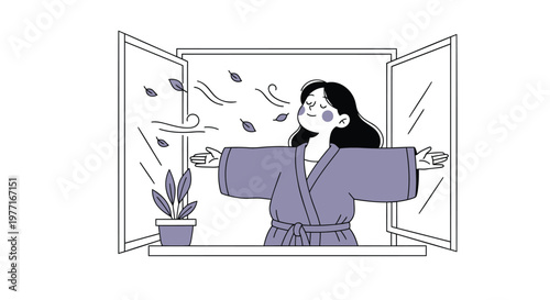 Woman opening window, fresh air, relaxation, purple robe, indoor scene