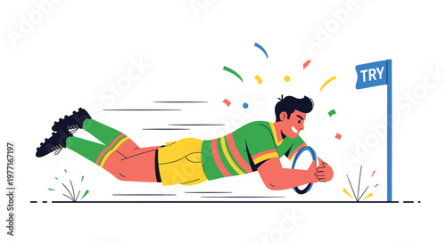 Rugby player scoring try, green jersey, sports illustration, athletic action, rugby ball