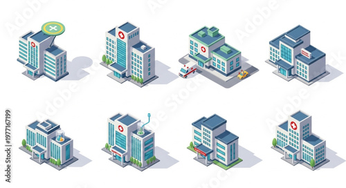 Collection of isometric hospital buildings with helipad and ambulance.