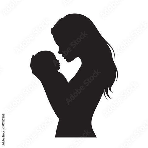 Black silhouette of mother embracing baby in loving gesture