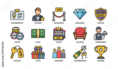 Vip icons collection featuring membership lounge and casino elements
