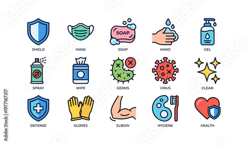 Essential hygiene icons: shield, mask, soap, hand, gel, spray, wipe, germs, virus