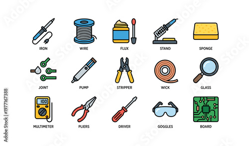 Assorted soldering tools and equipment icons for electronics work