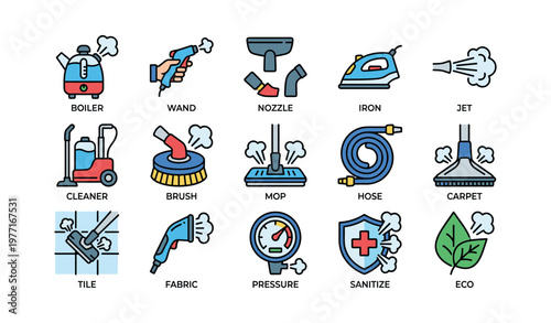 Colorful cleaning equipment icons set with steam and household tools