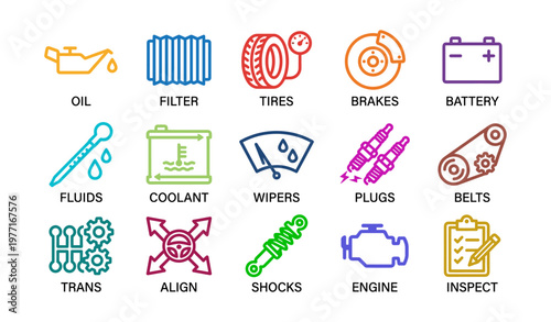Colorful car maintenance icons: oil, tires, battery, fluids, coolant, and more