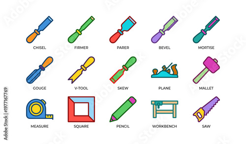 Colorful set of woodworking tools including chisels, plane, mallet, and saw