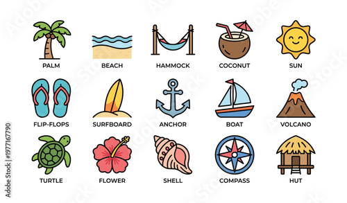 Beach icons: palm, sun, surfboard, hammock, coconut, boat, volcano, hut