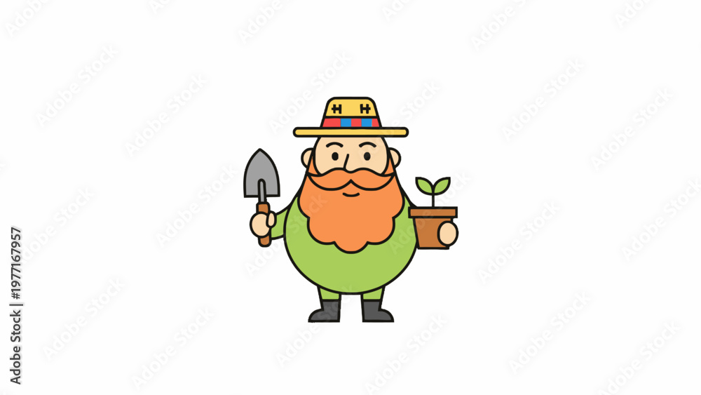 Fototapeta premium Cartoon gardener character holding trowel and potted plant