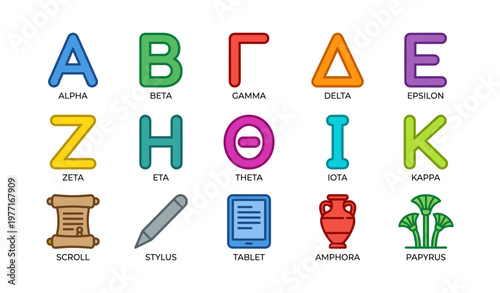 Greek alphabet and ancient artifacts - symbols and objects