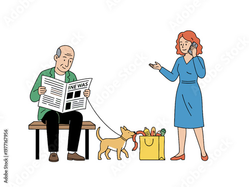 Dog stealing sausage from grocery bag while owner reads newspaper