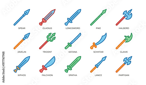 Colorful set of medieval and ancient weapons icons featuring swords and spears