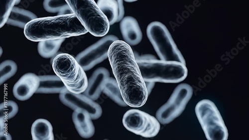 3D Microscopic View of Bacteria Cells Floating in Dark Fluid, Microbiology and Medical Background
