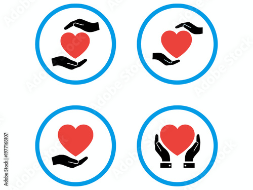 Heart and hands icon set for charity and healthcare concepts