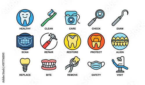 Dental care icons set: toothbrush, floss, x-ray, braces, dentist tools and more