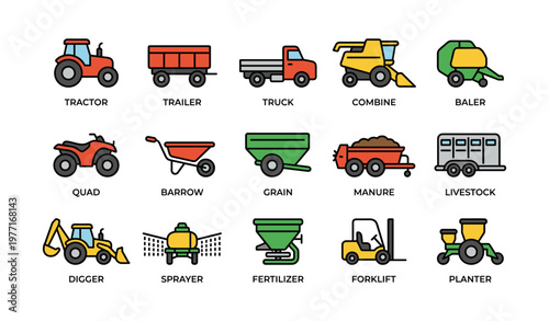 Colorful set of farming equipment icons including tractor, trailer, and combine