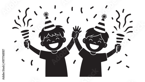 Black silhouette of two children jumping with confetti