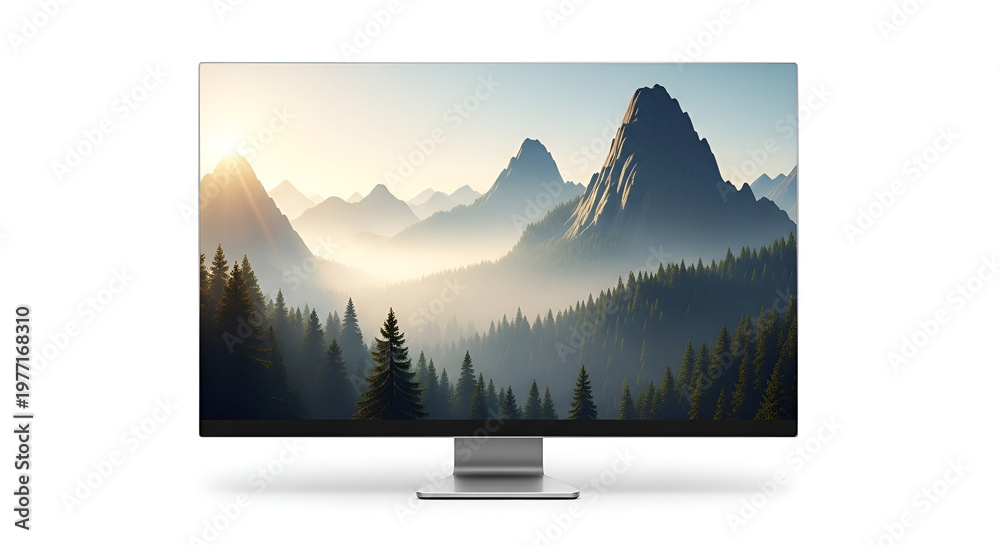 Fototapeta premium Computer monitor displaying a pixelated mountain landscape at sunrise, concept for digital art and technology