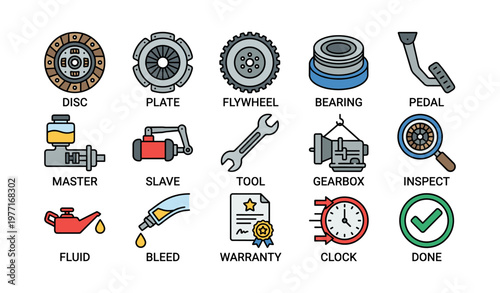 Automotive icons: disc, flywheel, bearing, pedal - car maintenance symbols