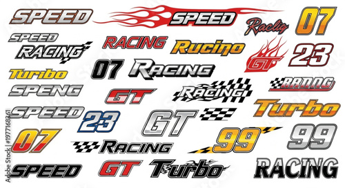 Collection of racing and speed themed graphic design elements.