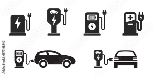 simple ev electric car vehicle charge point logo symbol sign icon station set vector on transparent background