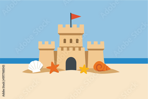 Flat geometric sandcastle with seashell accents