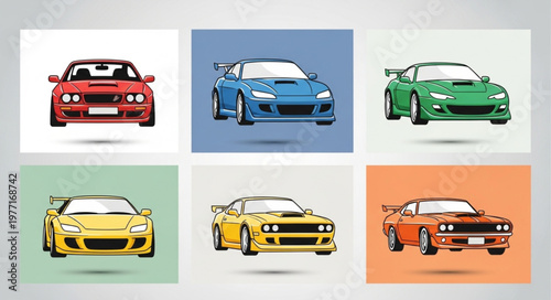 Collection of six colorful sports car illustrations.