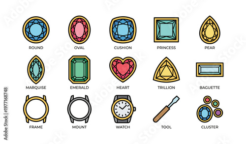 Assorted gemstone shapes with settings and tools illustration