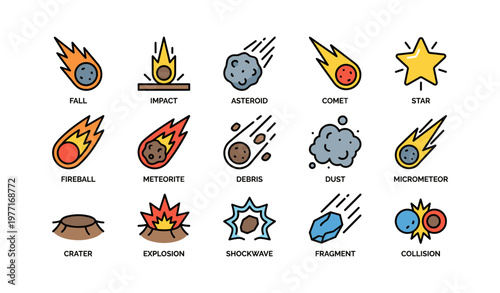 Icon set of space phenomena: asteroid, comet, meteorite, and more