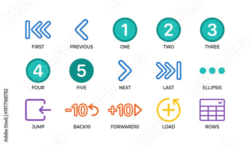 Navigation icons set: arrows, numbers, and symbols for user interfaces