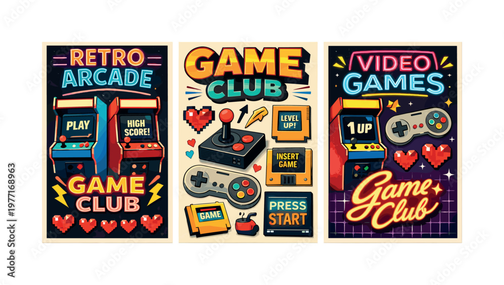 Fototapeta premium Retro arcade game club posters with vintage video game elements and neon signs