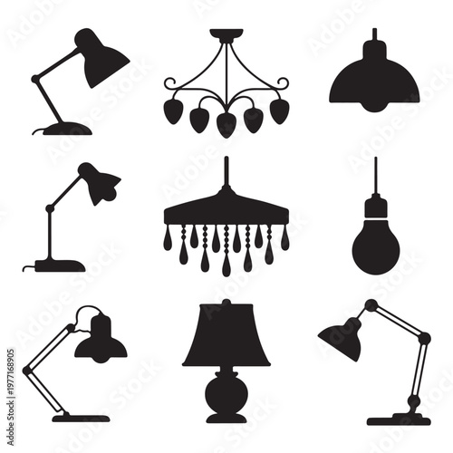 Black silhouette set of home lighting fixtures and lamps