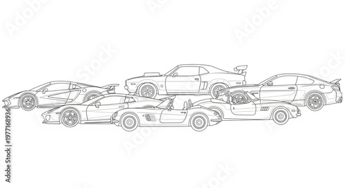 Multiple sports cars lined up in a row illustration.