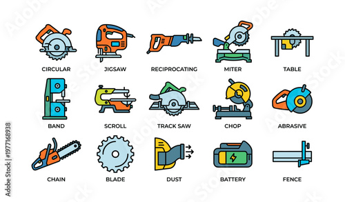 Collection of various power tools icons: saws, drill, band saw, abrasive, battery