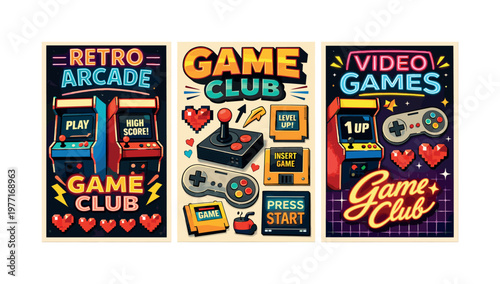Retro arcade game club posters with vintage video game elements and neon signs