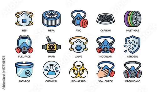 Variety of respiratory safety equipment icons for protection and filtration