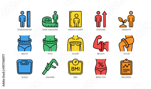 Body measurement icons: stadiometer, tape measure, bmi, growth, records