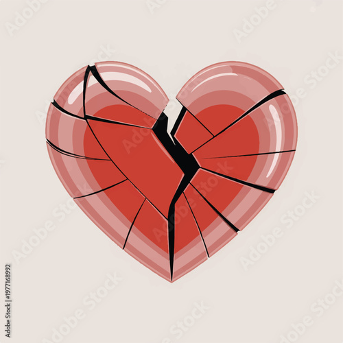 A stylized broken red heart illustration with cracks radiating from the center set against a light neutral background end of relationship heartbreak
