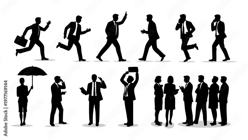 Obraz premium set of business man silhouettes running walking and talking on phone, set of business man silhouettes running walking and talking on phone, businessman silhouettes in various poses with briefcase and
