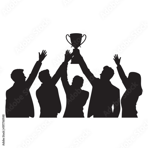 Black silhouette team raising hands in victory celebration