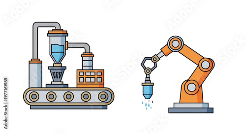 Industrial manufacturing process with robotic arm and conveyor belt.