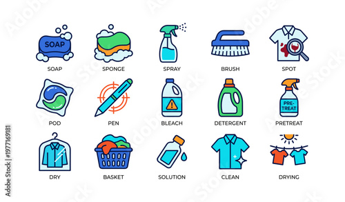 Laundry icons set with soap, sponge, and cleaning products