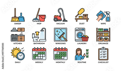 Home cleaning and organization icons: vacuum, dust, laundry, routine checklist