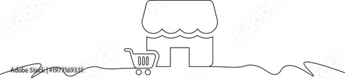 A simple line drawing of a shopping cart in front of a store with an awning